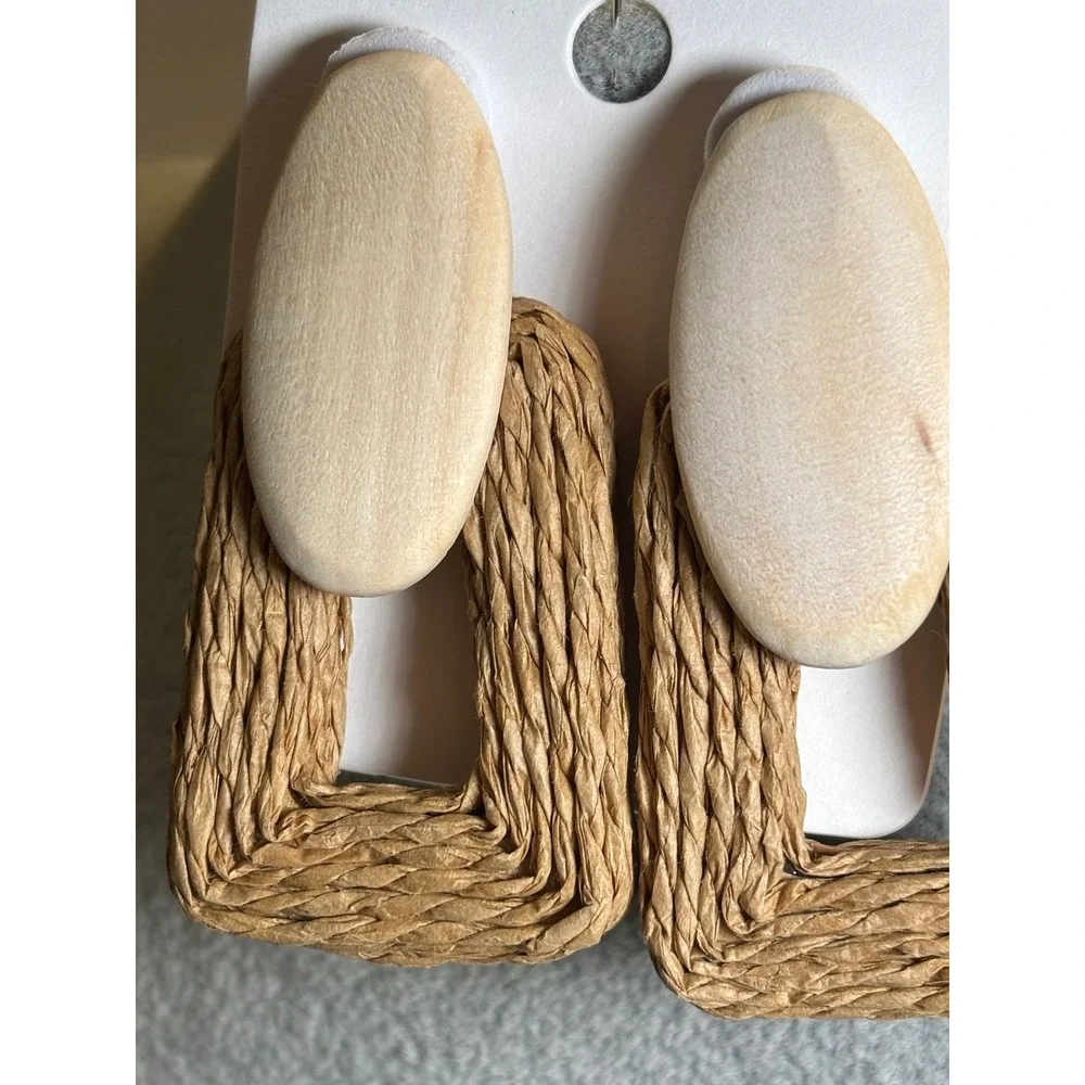 #65. Natural Wood Woven Raffia Statement Earrings